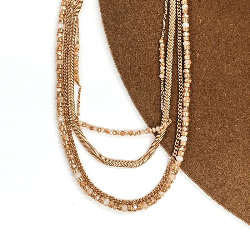 Four Strand Chain and Beaded Necklace in Gold Tone