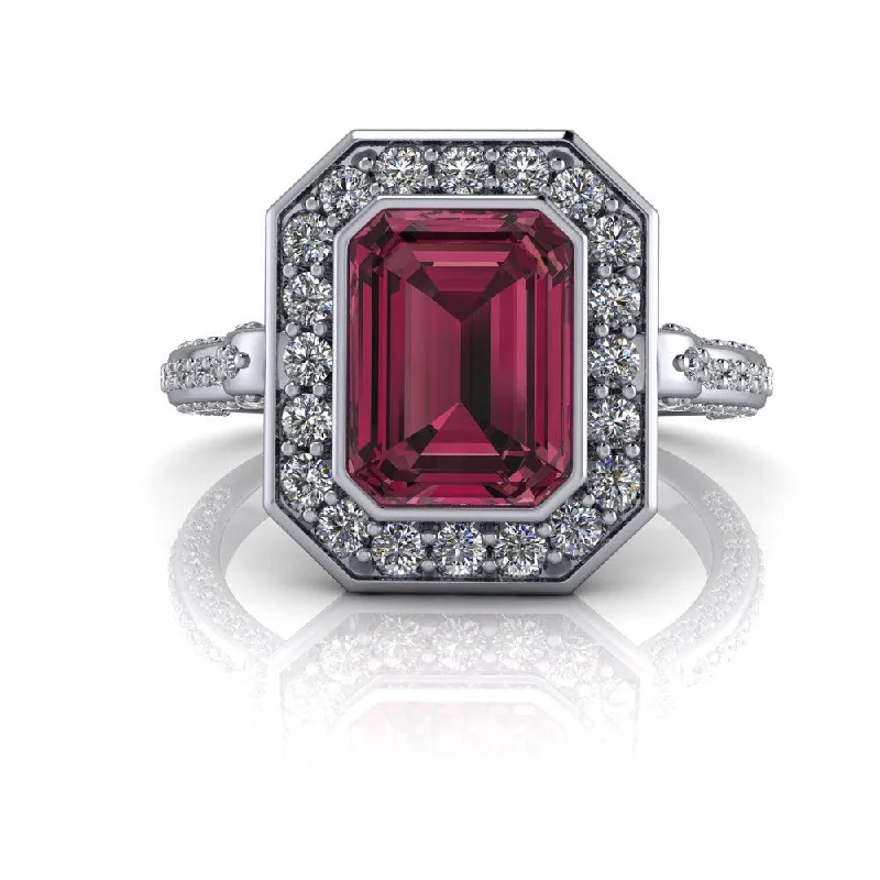 2.65 CTW Emerald Cut Raspberry Rhodolite Garnet & Diamond Engagement Ring