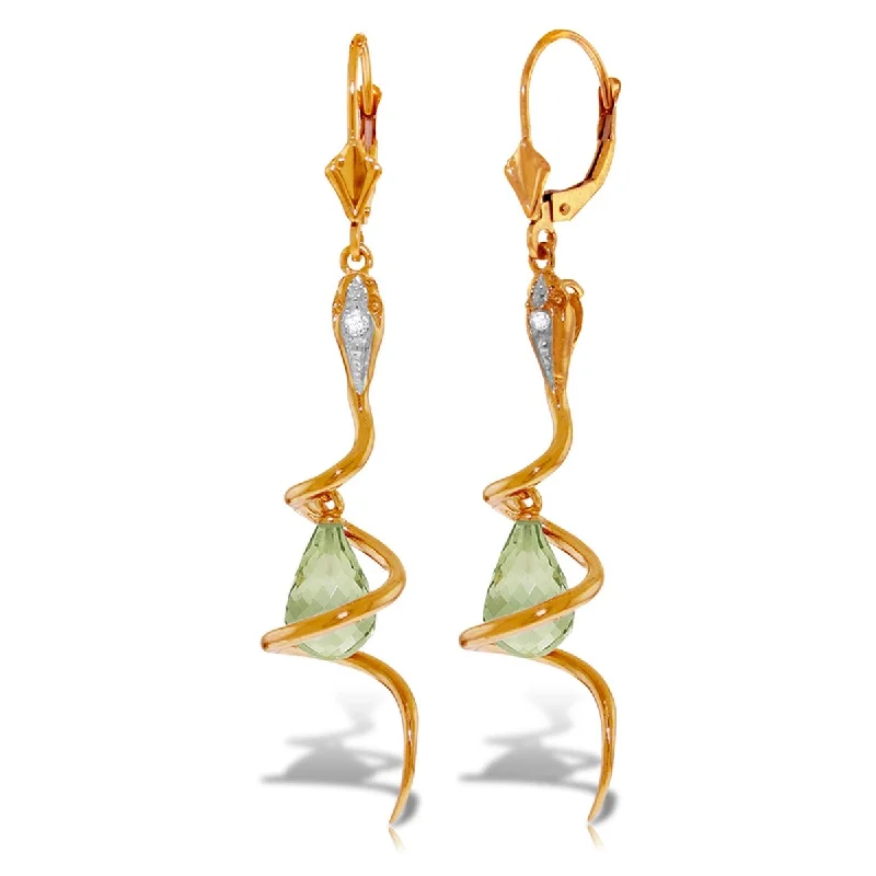 14K Solid Gold Snake Earrings w/ Dangling Green Amethysts & Diamond