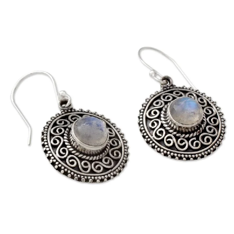 Sterling Silver 'Moonlight Mandala' Rainbow Moonstone Earrings