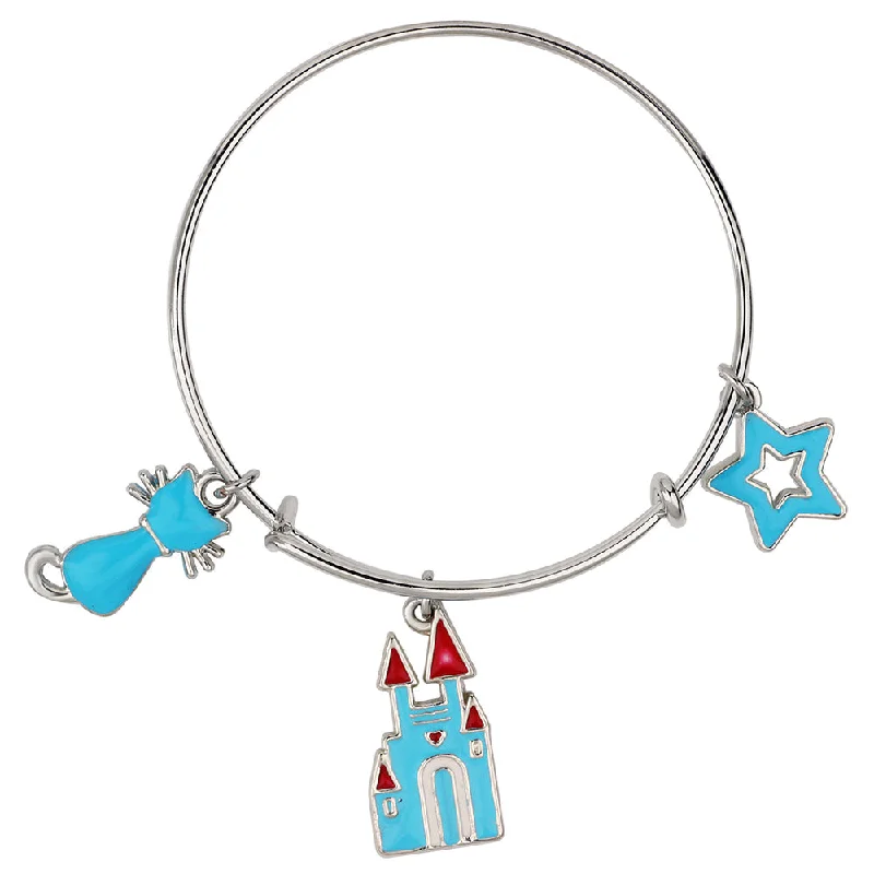 Mahi Staer & Cat Shaped Rhodium Plated Enamel Work Charms Bracelet for Kids (BRK1100883R)