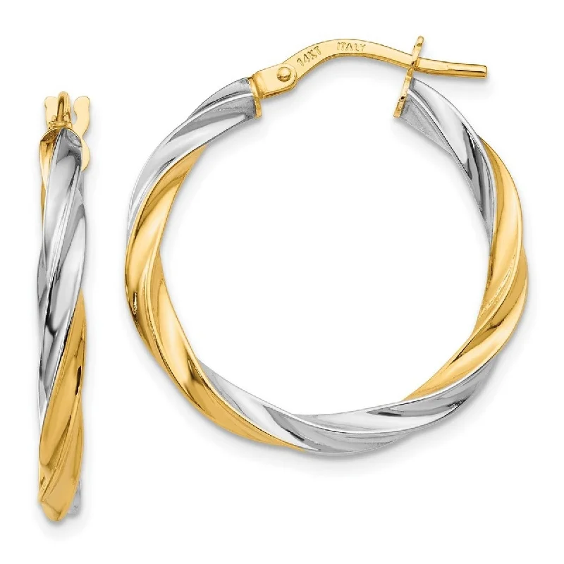 Curata 2.5mm 14k Yellow Gold White Rhodium 2.5x26mm Twisted Hoop Earrings