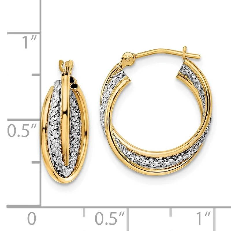 Diamond2Deal 14k Yellow Gold with White Rhodium Diamond-cut Hoop Earrings (L-15.15mm, W-14.06mm)