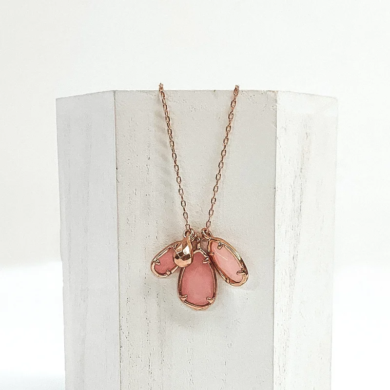 Gold Necklace with Teardrop Stone Pendants in Rose