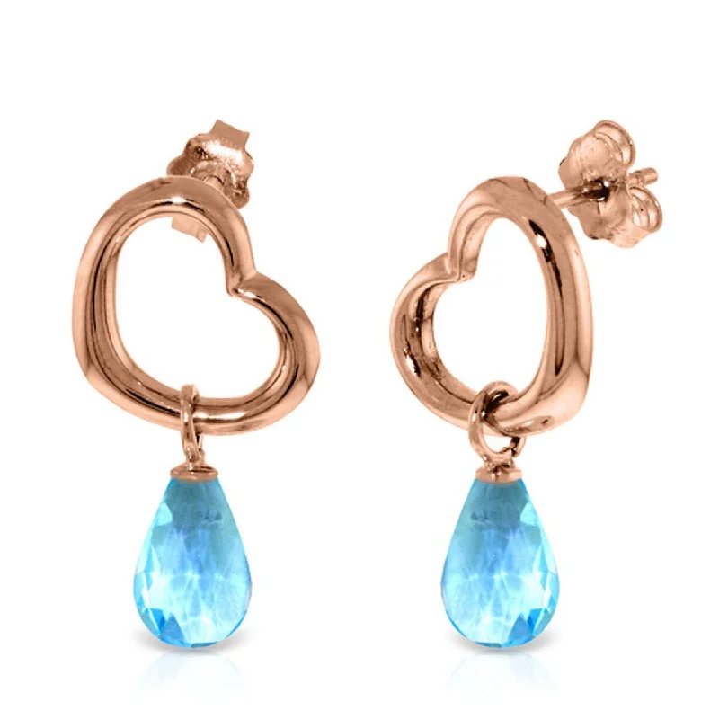 14K Solid Gold Heart Gemstone Earrings w/ Dangling Natural Blue Topaz