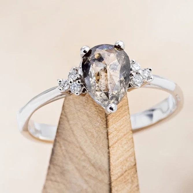 "RHEA" - PEAR ROSECUT SALT & PEPPER DIAMOND ENGAGEMENT RING WITH DIAMOND ACCENTS