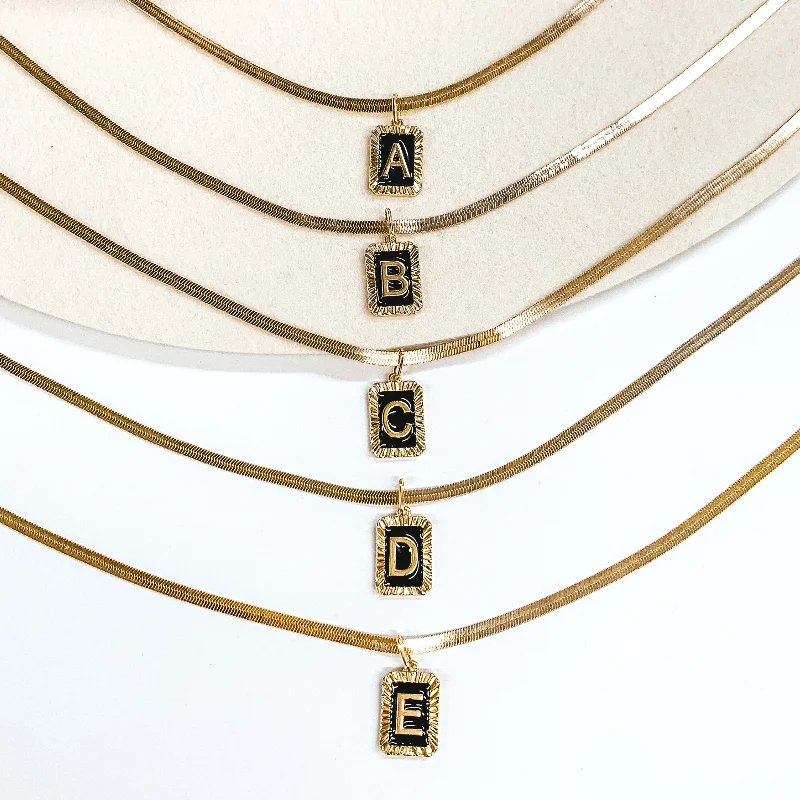 Gold Tone Herringbone Chain Necklace with Rectangle Initial Pendant in Black