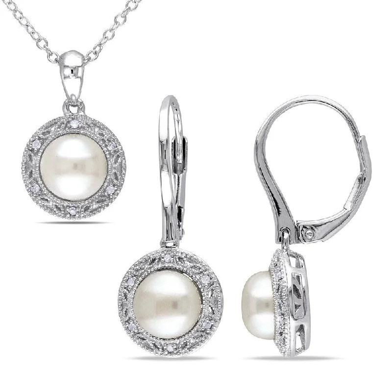 Miadora Sterling Silver Cultured Freshwater Pearl and 1/10ct TDW Diamond Halo Necklace and Earrings Set (7.5-8 mm)(G-H, I2-I3)